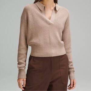 Lululemon Collared Merino Wool-Blend Sweater HTBD Heathered Beech Wood Sz M